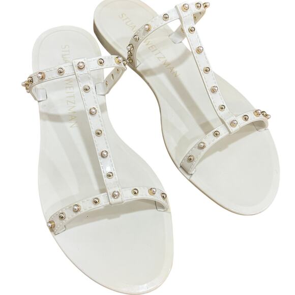 Stuart Weitzman Shoes - STUART WEITZMAN Jelly Sandals Size 8 White Mellie Pearlstud Slides